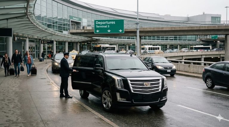 Black Cadillac Escalade at an airport terminal departures kerb with a uniformed chauffeur standing at the vehicle