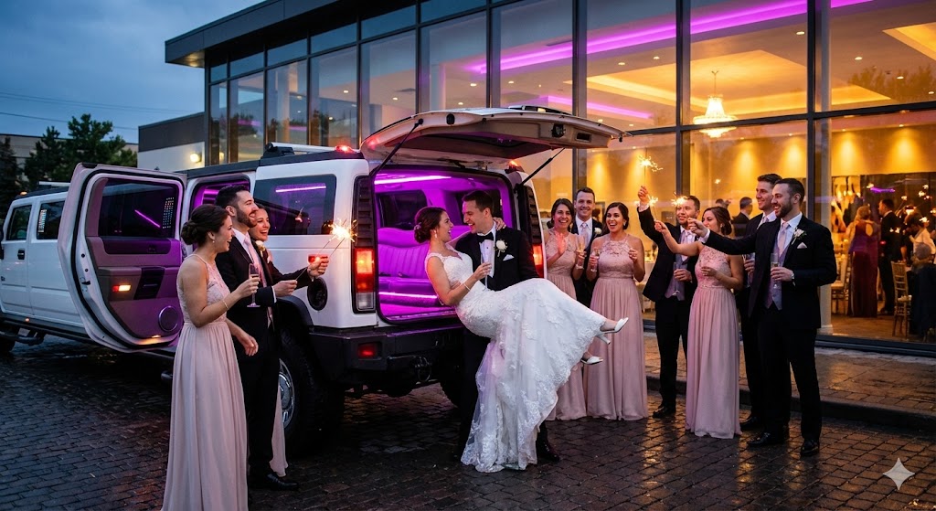 Bridal party celebrating with stretch limousine