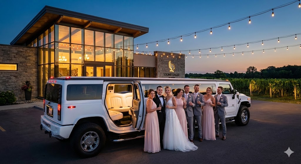 Hummer H2 stretch limousine at Niagara winery with bridal party