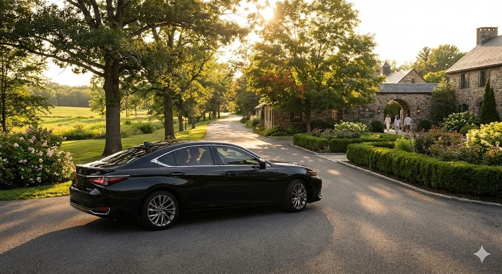 Lexus ES gliding up Ste. Annes Spas tree‑lined country drive at golden hour. Couple inside visible through tinted windows