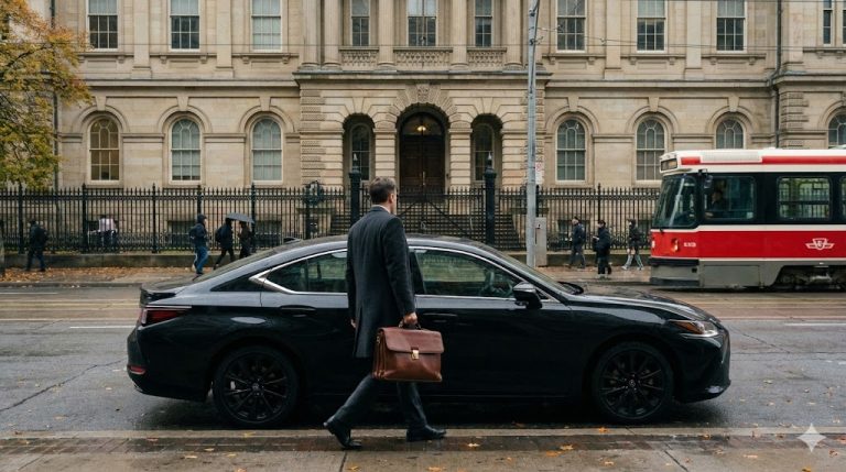 Black Lexus ES sedan at the kerb outside Osgoode Hall in downtown Toronto, a suited traveller crossing with a briefcase