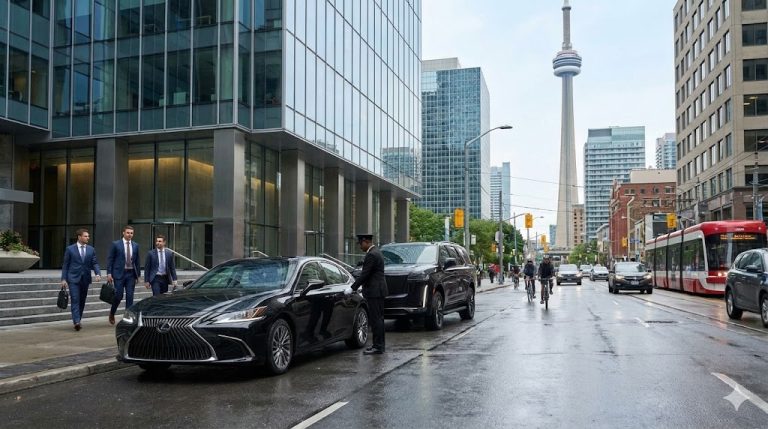 Black Lexus ES sedan at a downtown Toronto kerb with the chauffeur opening the rear door for business travellers
