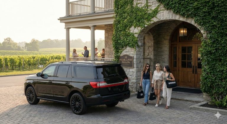 Black Lincoln Navigator staged at a stone entrance kerb with travellers and bags approaching