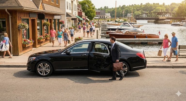 Black Mercedes S-Class at a small-town main street kerb