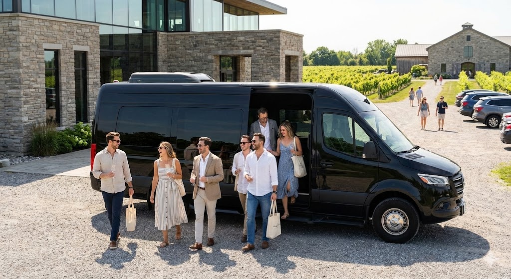 Niagara-on-the-Lake to Lincoln Winery Wedding Shuttle – Boutique Hotel Guest Service 5 Sprinter VIP van at Niagara-on-the-Lake winery