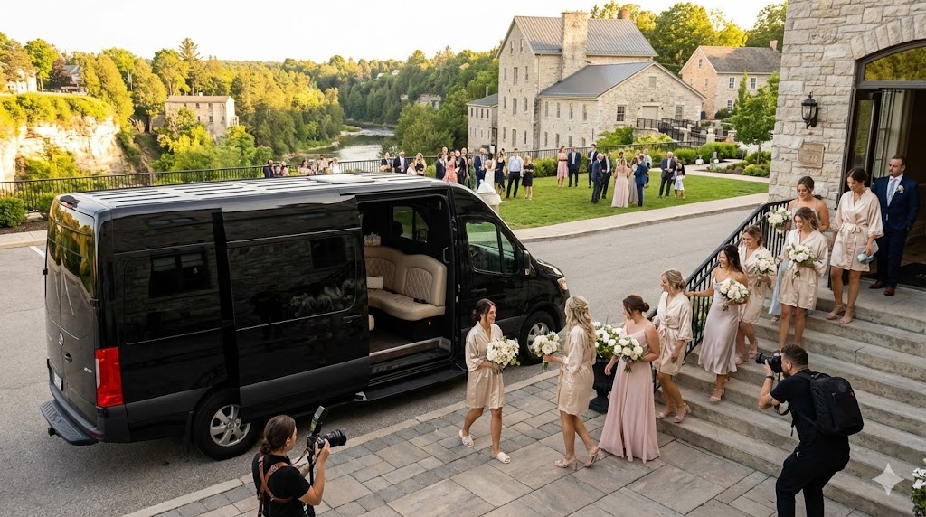 Wedding Sprinter van with bridal party arriving at Elora Mill venue