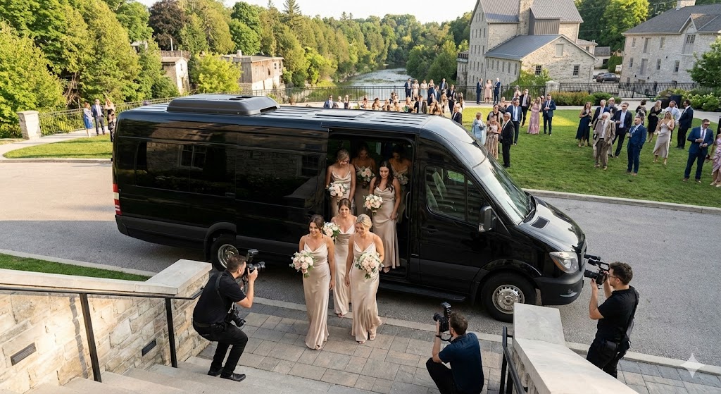 Bridal party arriving at wedding venue in luxury Sprinter