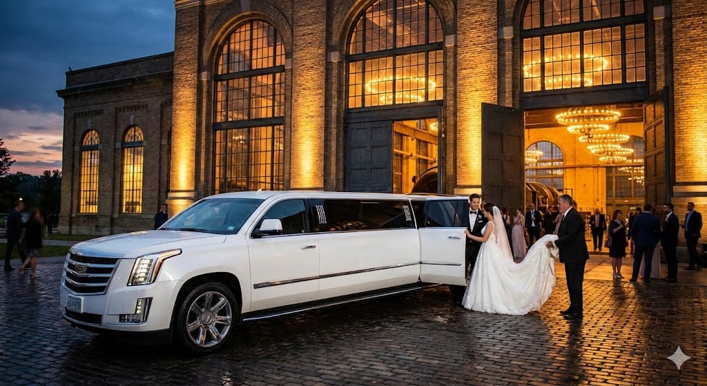 Bride and groom with Escalade at historic venue