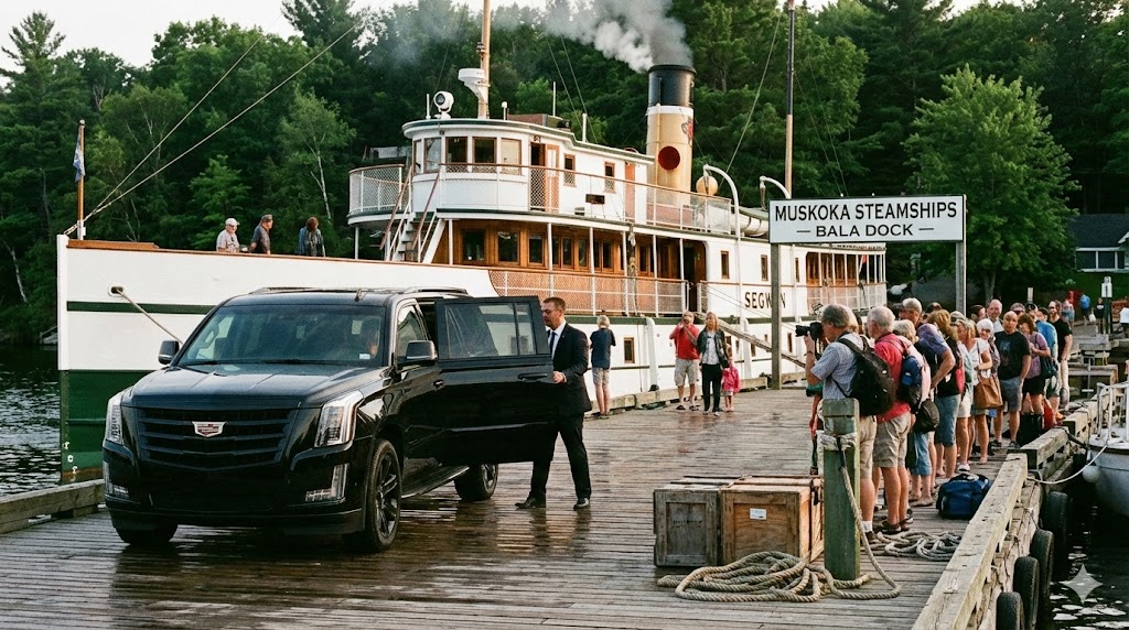 RM Locations 7 UV at Muskoka Steamships Bala dock during busy departure. Client exits toward cruise boarding while tourists queue