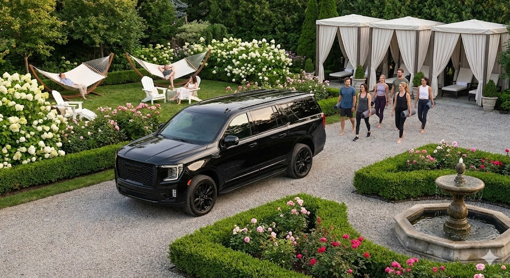Luxury SUV at Niagara winery entrance with guests arriving for icewine tasting