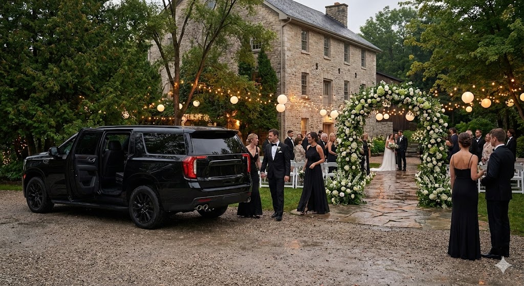 Wedding guests arriving at outdoor ceremony venue