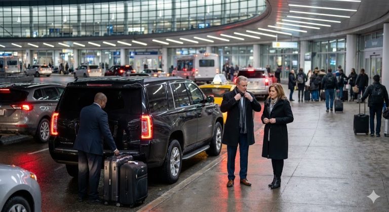 Black GMC Yukon at the Toronto Pearson terminal kerb, uniformed chauffeur standing by with suitcases