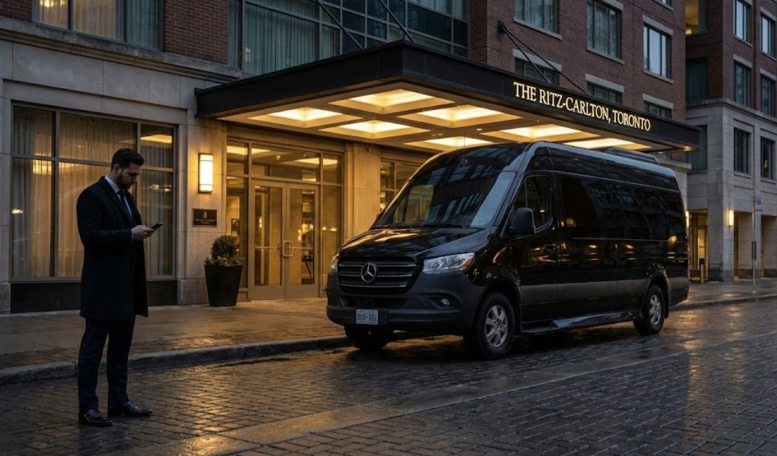 Jet Sprinter hotel curb evening standby