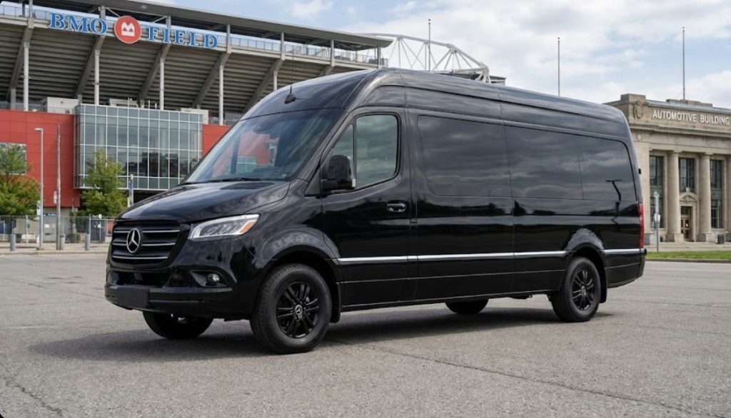 black 2025 mercedes jet sprinter exhibition place bmo field stadium match day vip shuttle