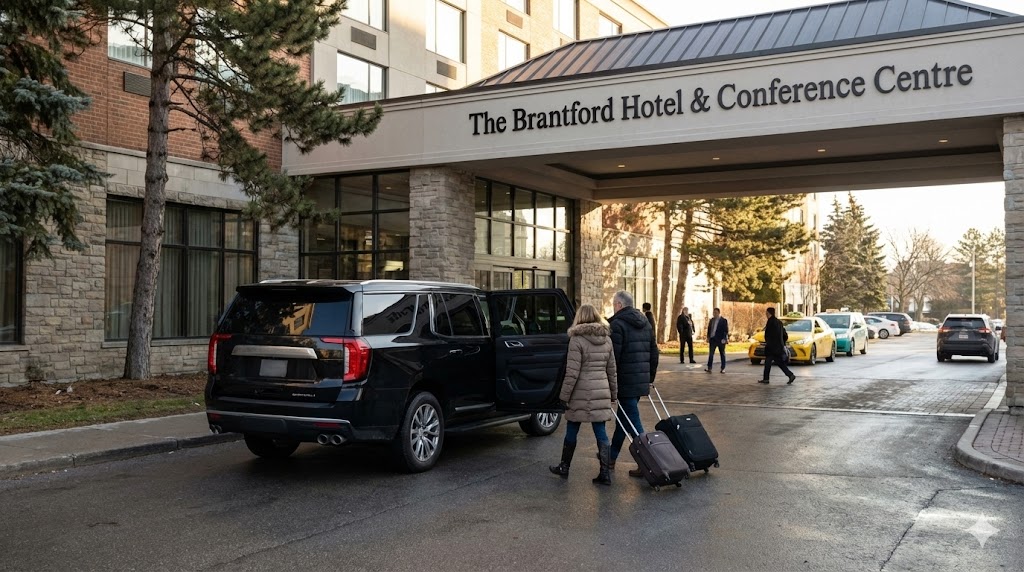 Couple with luggage approaching Yukon SUV at hotel entrance