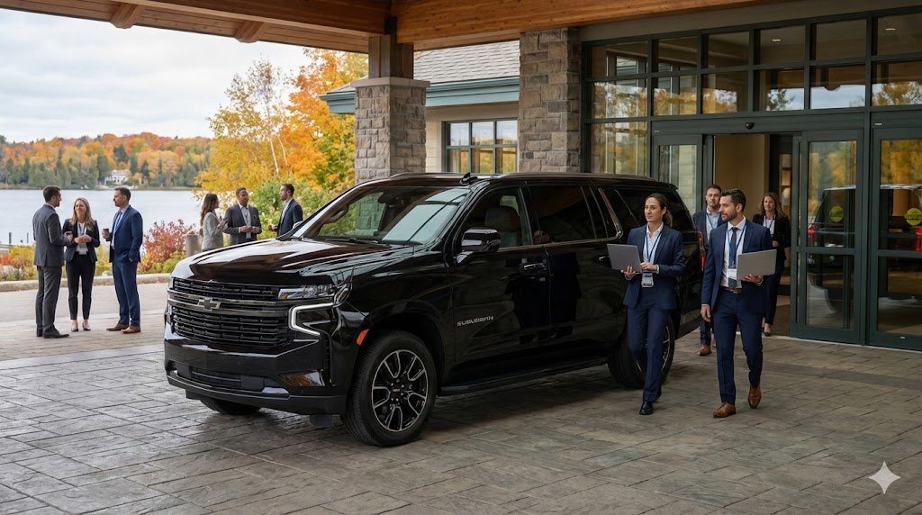 uburban at Deerhurst Resorts conference center entrance. Business team with conference badges and laptops exits toward glass doors
