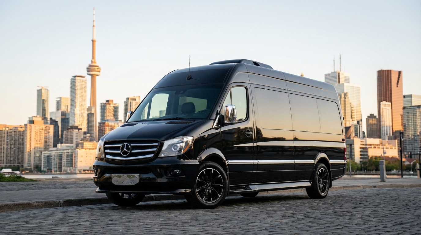 Black Mercedes Sprinter van with the Toronto skyline and CN Tower behind it