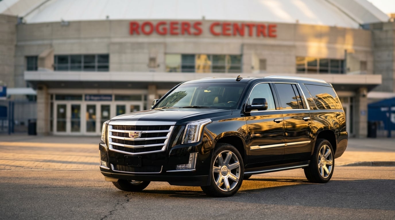 Blue Jays Home Opener: Getting Your Team There Without the Chaos 4 Black Cadillac Escalade parked in front of the Rogers Centre entrance sign at golden hour