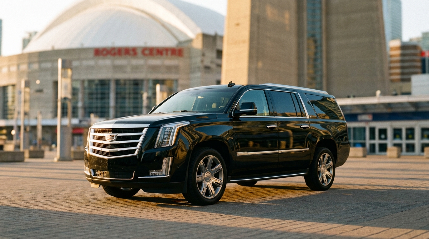 Black Cadillac Escalade parked at the Rogers Centre plaza with the dome visible behind it