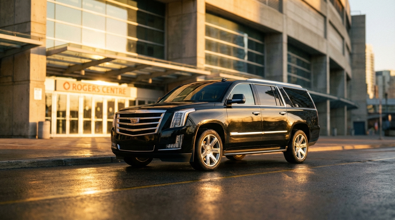 Black Cadillac Escalade curbside at the Rogers Centre main entrance at golden hour