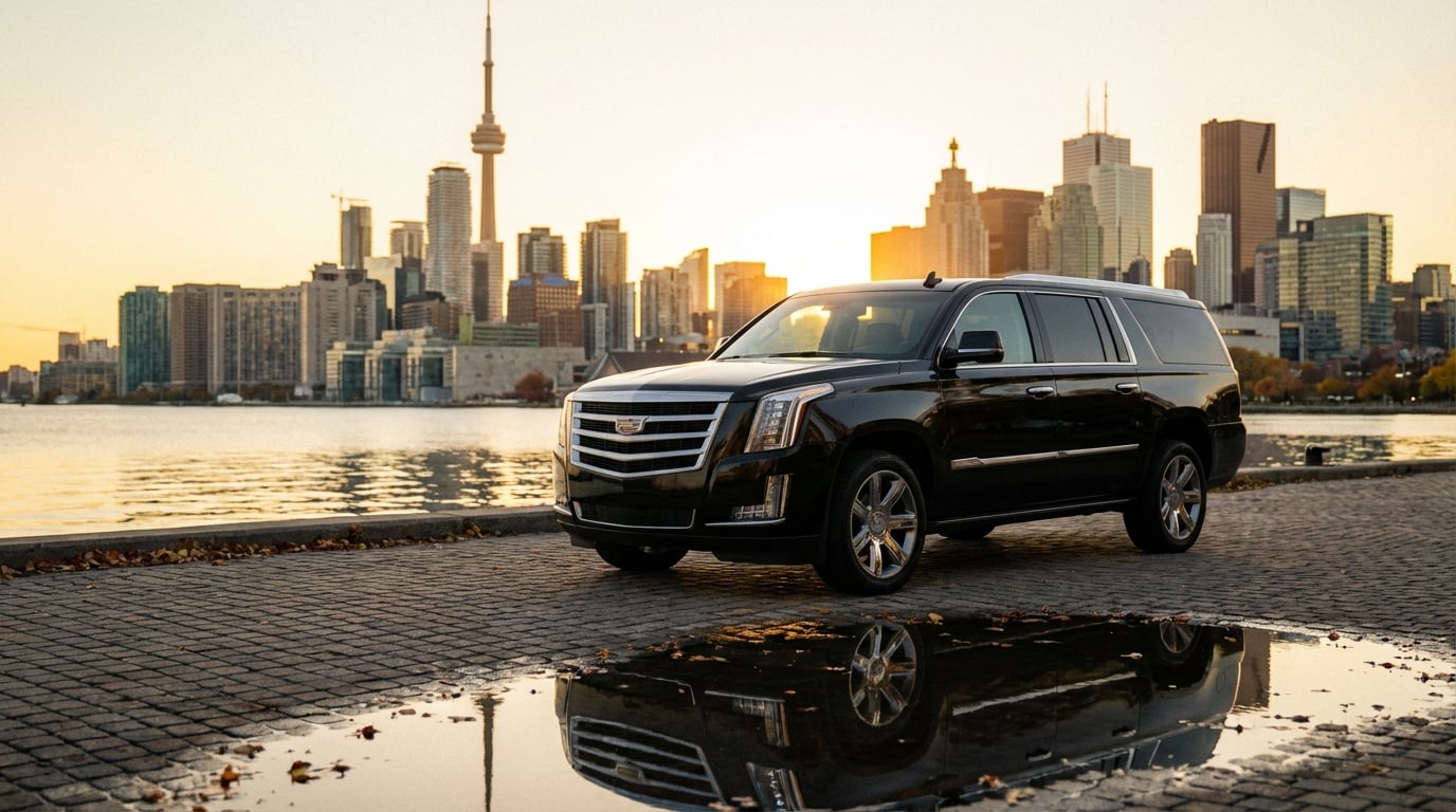 Black executive Sprinter van staged for corporate FIFA World Cup transportation in downtown Toronto