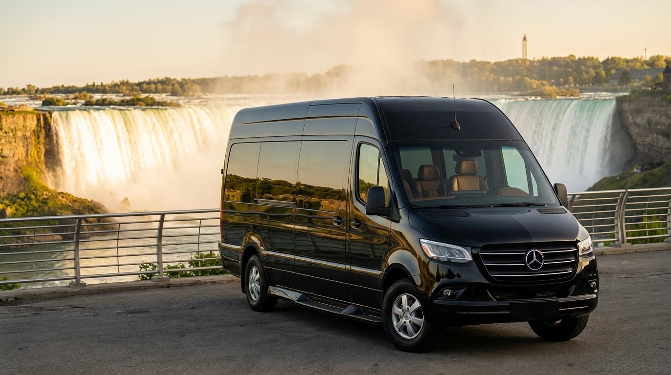 Black Mercedes Sprinter van parked overlooking Niagara Falls at sunrise