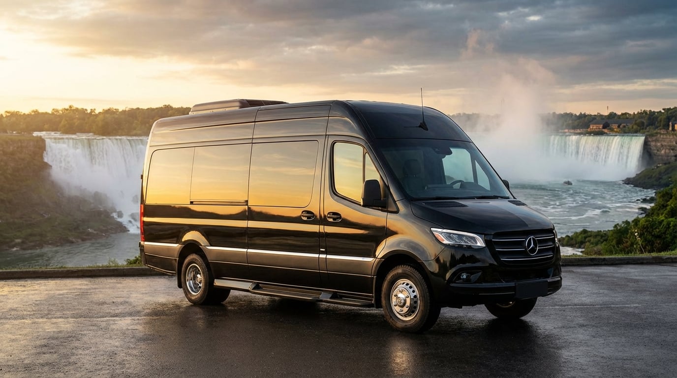 Black Mercedes Sprinter van parked at a Niagara Falls scenic overlook at dusk