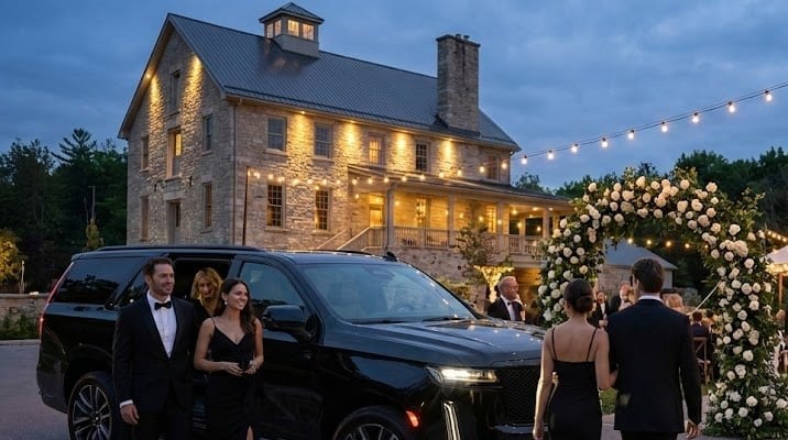Escalade EV parked at Elora Mill ceremony garden entrance. VIP wedding guests in formalwear step down from the SUV cropped