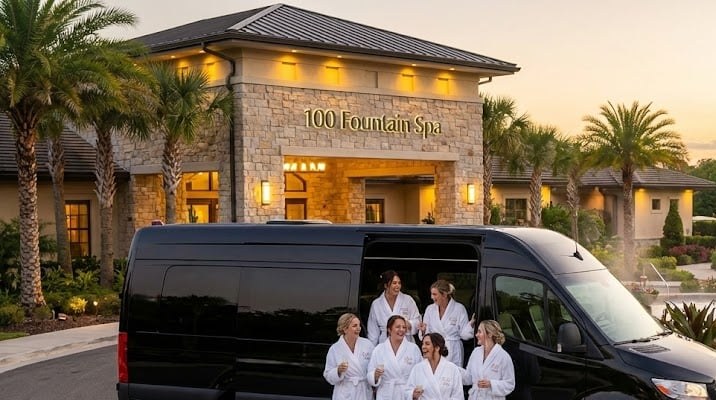 Party Bus Alternative Toronto | Sprinter Van from $875 5 Bachelorette group in matching robes exiting a Sprinter limo at 100 Fountain Spa Niagara