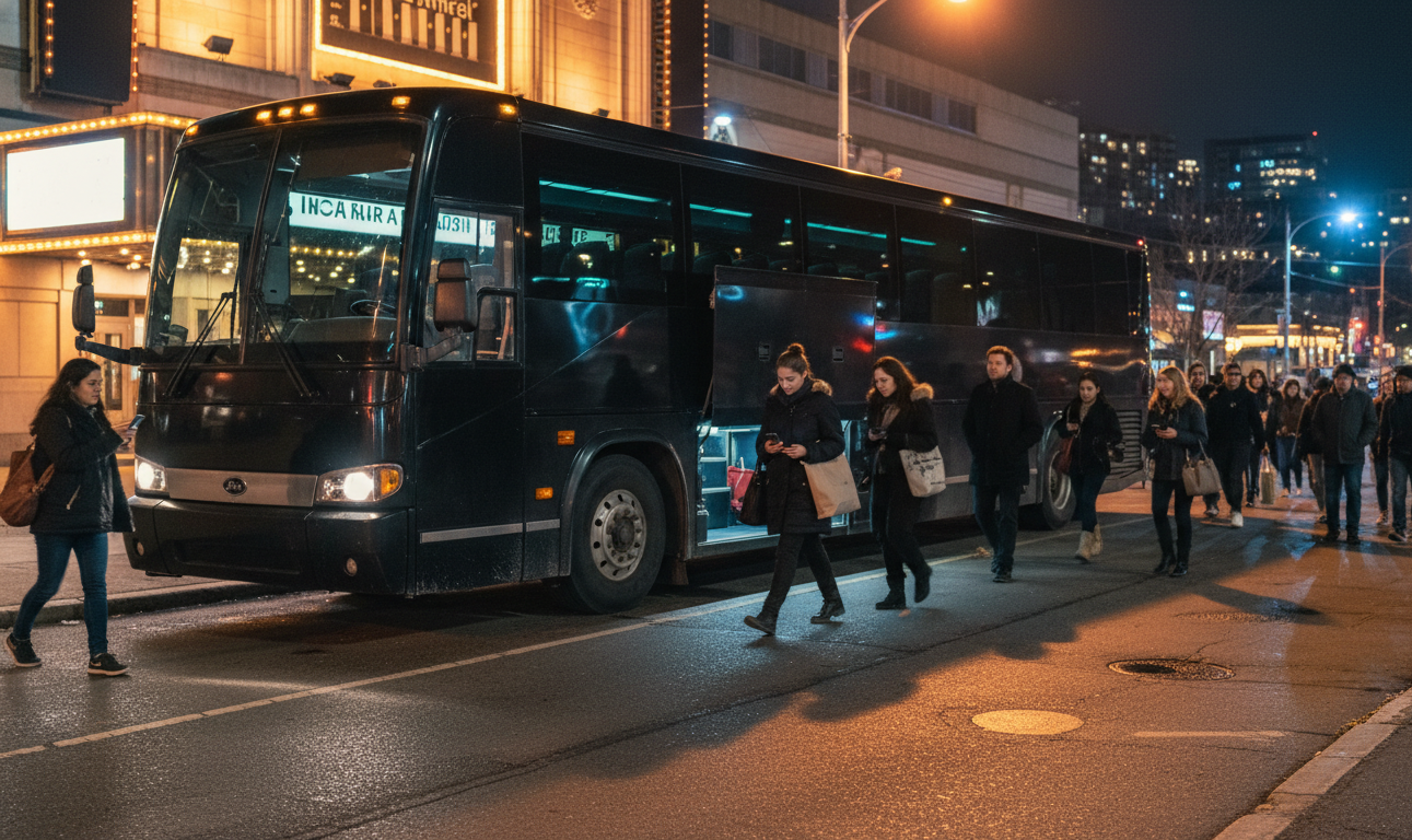 Charter bus picking up group from concert venue late at night in Toronto