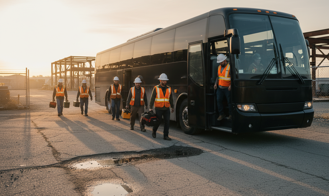 Charter bus crew transport arriving at industrial work site early morning