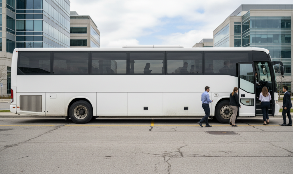 Coach bus rental Toronto - white coach at Mississauga office campus for employee shuttle