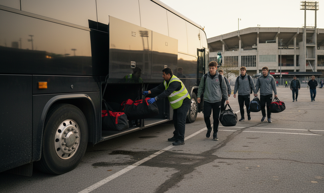 Sports team loading charter bus on game day in Toronto