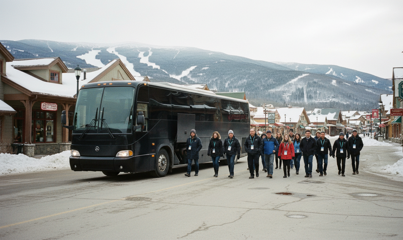 Sprinter vs Charter Bus to Blue Mountain: How to Pick 6 Black 56-seat charter coach at the snowy Blue Mountain village with the ski runs behind, a group walking to board