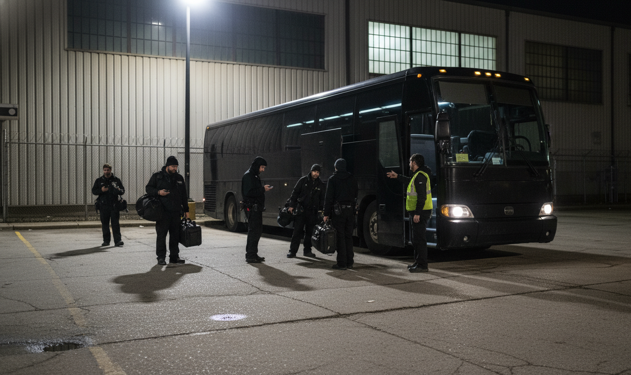 Film production crew boarding charter bus at 2am wrap in Toronto Portlands district