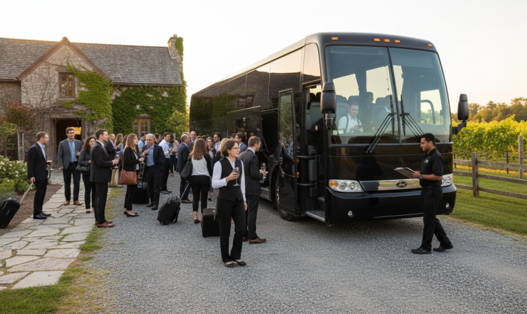 Black 56-passenger coach at a vineyard estate while formally dressed guests gather to board