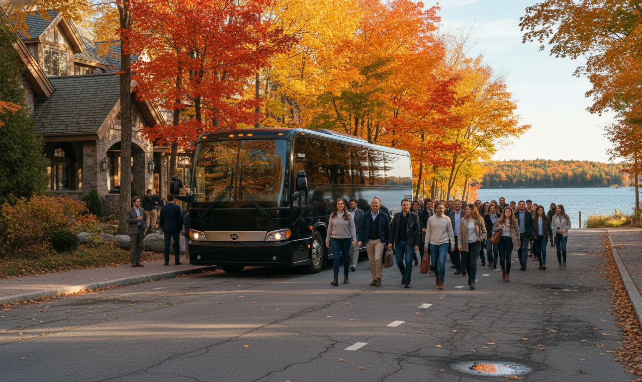 Black charter coach at the JW Marriott The Rosseau Muskoka in autumn