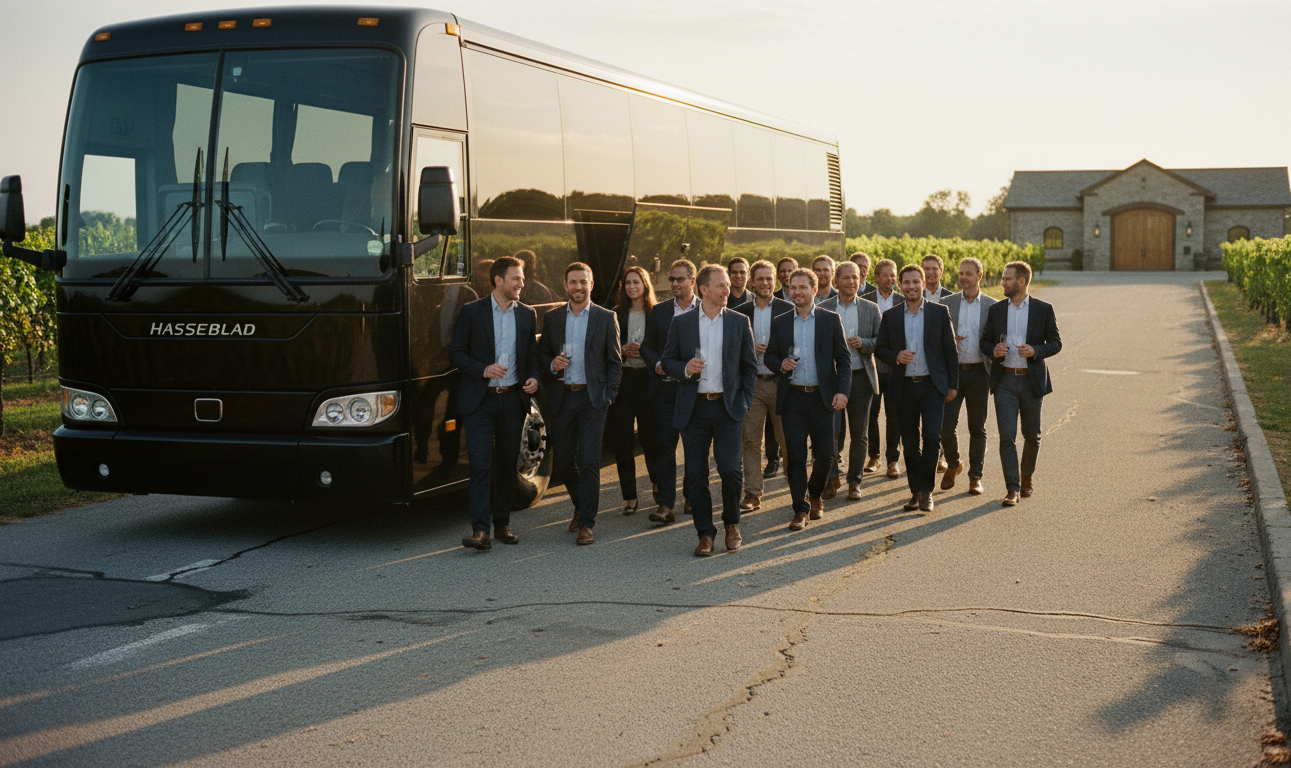 Large group in matching business dress walking beside a black coach bus
