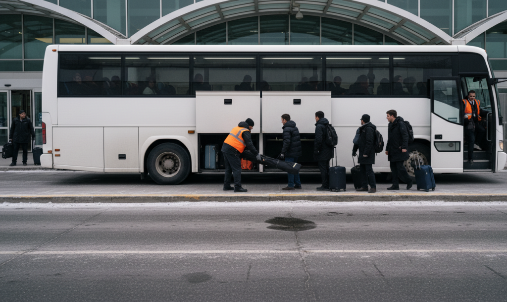 Charter bus Toronto Pearson to Blue Mountain - corporate group loading ski bags in January cold