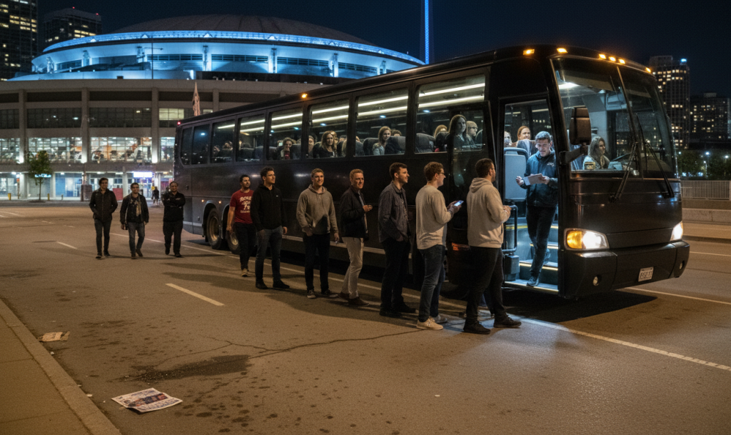 Charter bus Toronto Rogers Centre - concertgoers boarding after midnight show with CN Tower