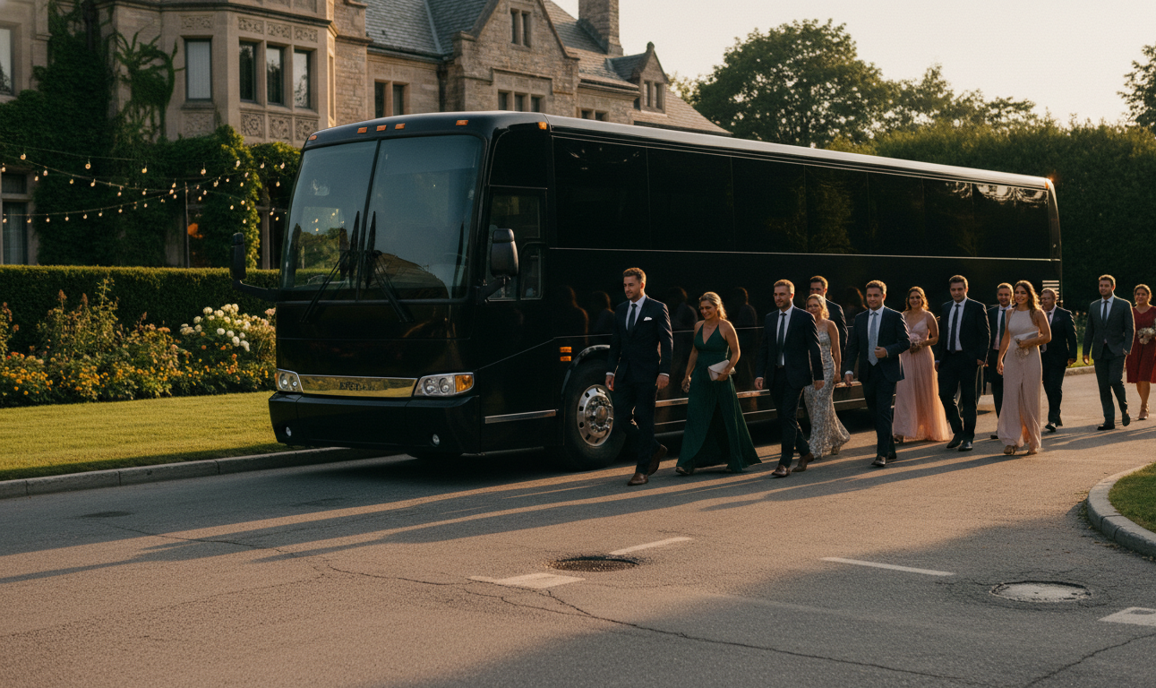 58-seater coach bus at wedding venue estate at sunset