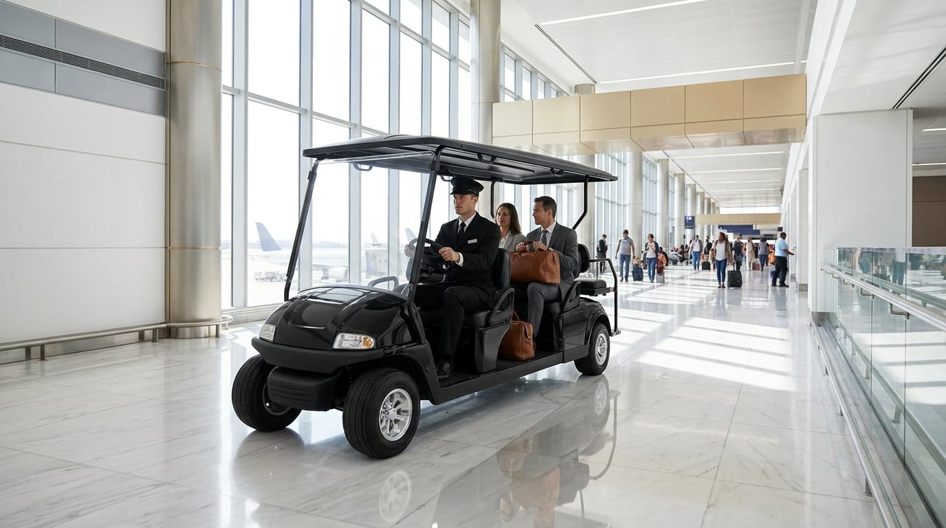 Electric buggy transporting passengers through Toronto Pearson terminal