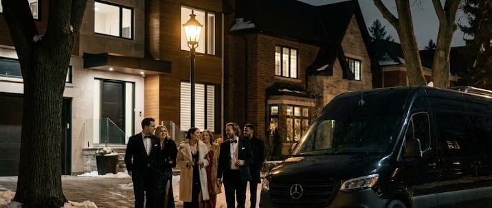 VIP group of six in evening wear walking from modern home to chauffeur vehicle for Post Malone concert Toronto