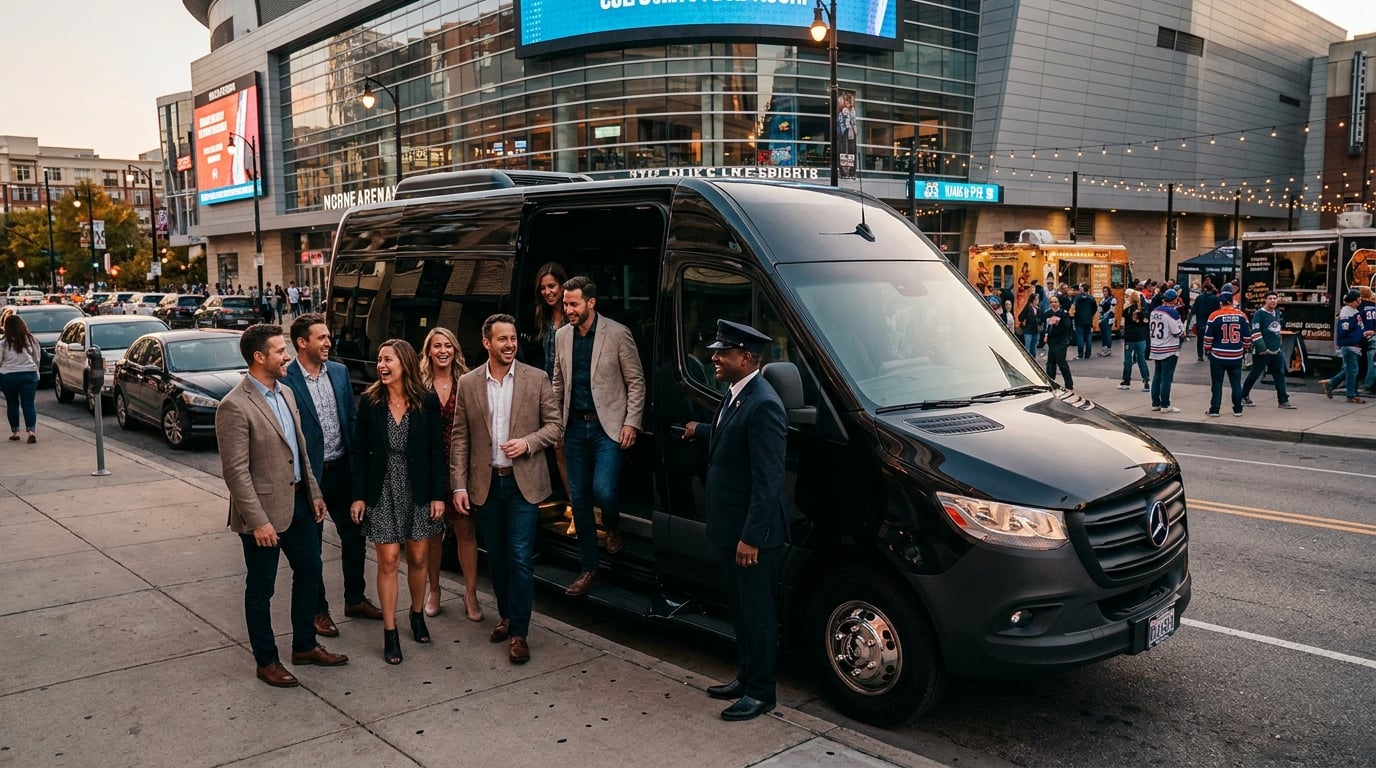 Mercedes Sprinter passenger van parked at Toronto venue at night with crowds
