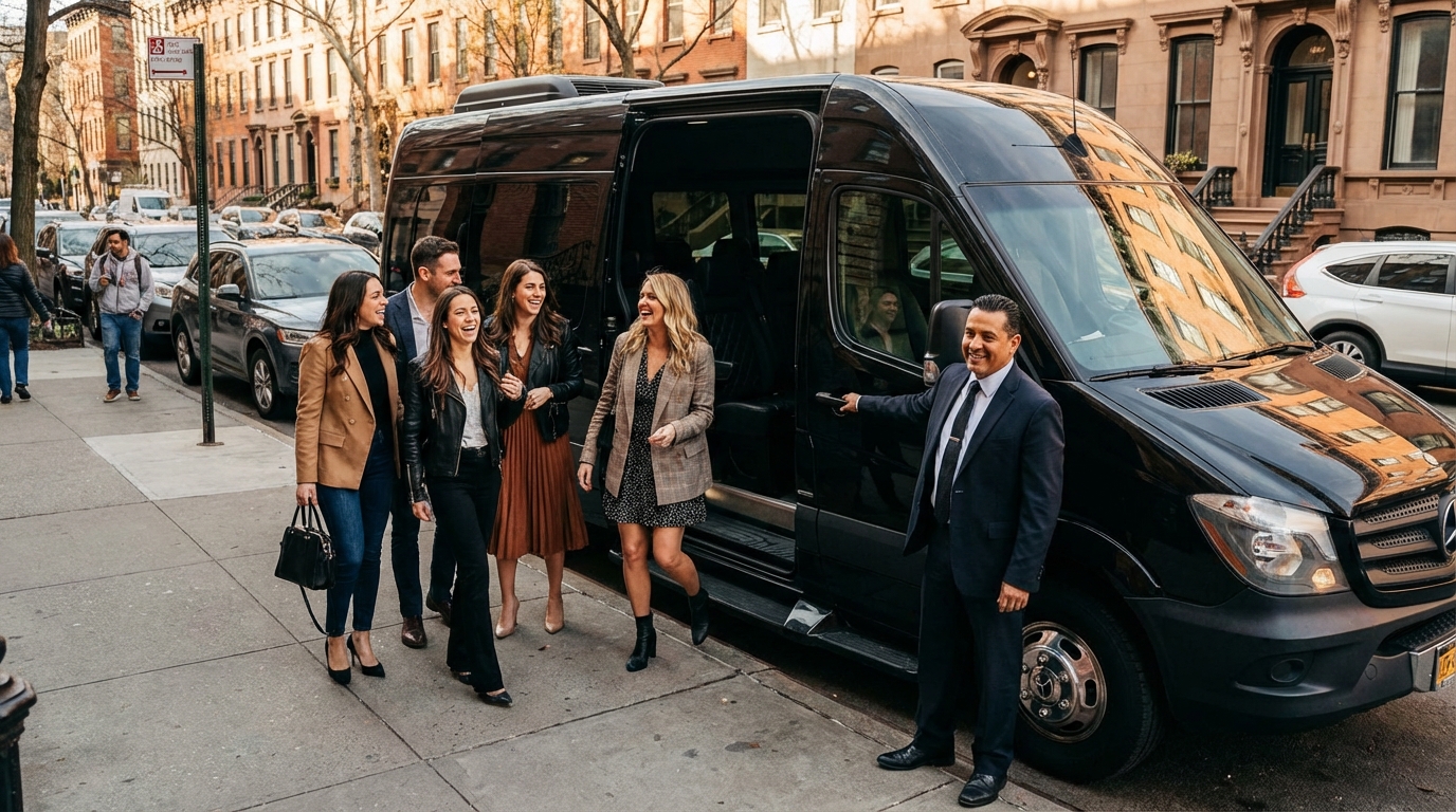 Group boarding a black Mercedes Sprinter on a residential Toronto street for Masters Sunday