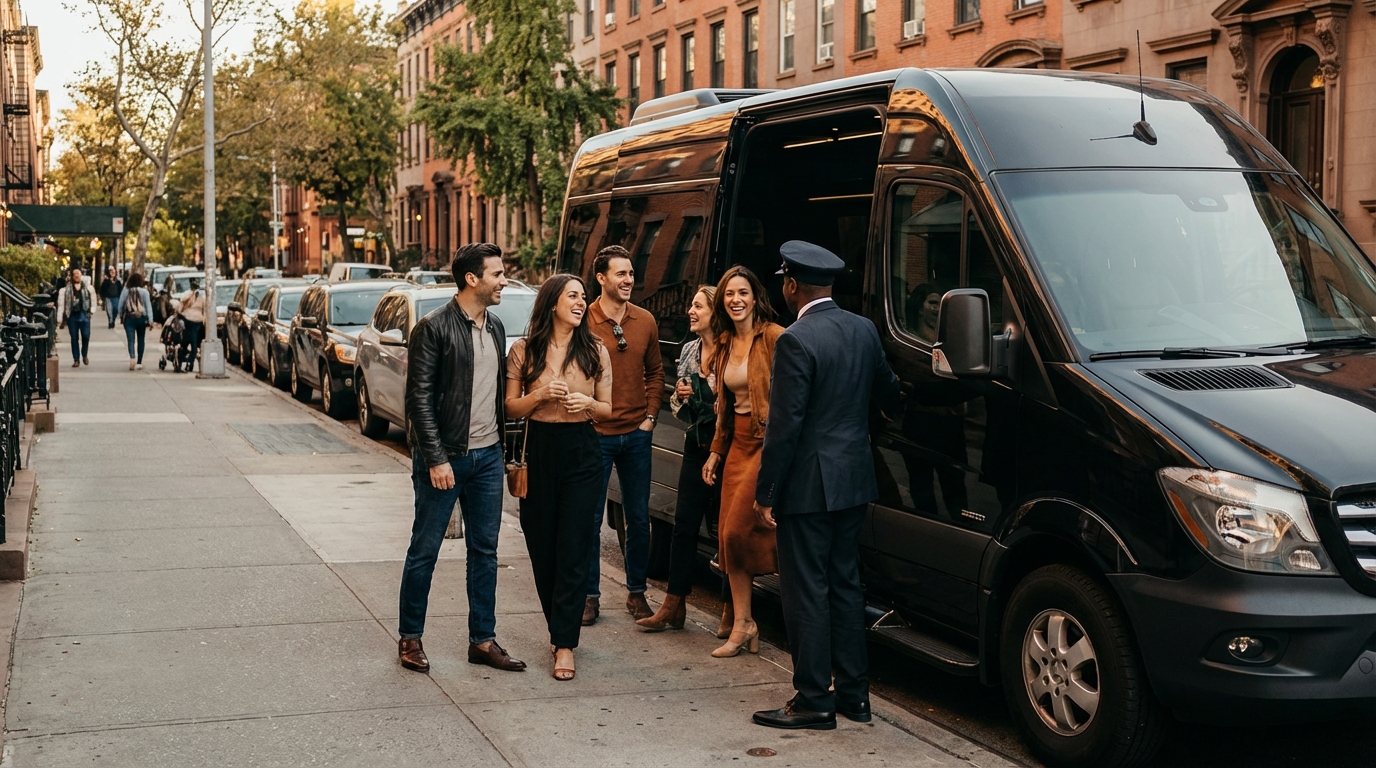 Chauffeur greeting a group on a Toronto residential street beside a black Sprinter van