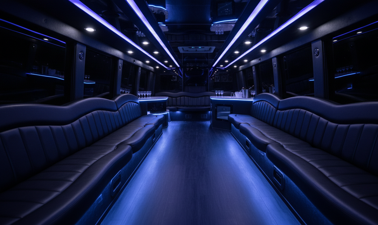 Party bus interior with Toronto group heading to Niagara wine country