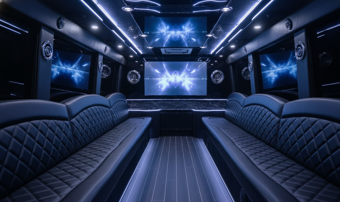 Party bus interior with Toronto group dancing on the way to Montreal