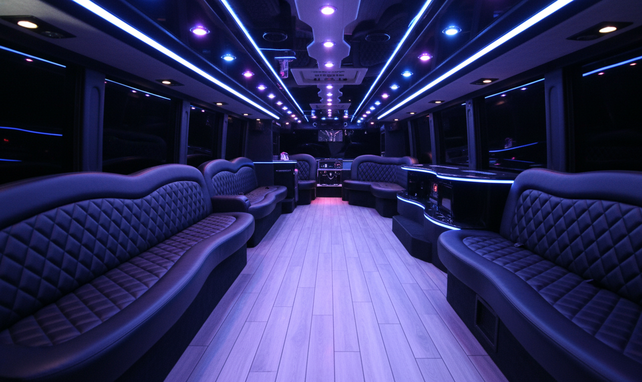 35-passenger VIP party bus with LED floor, mirrored ceiling, and built-in bar