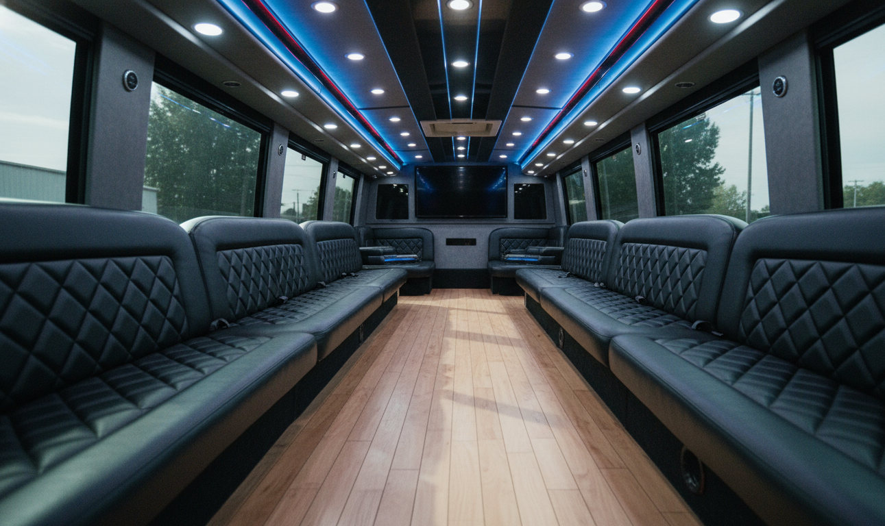 Party bus interior with group dancing